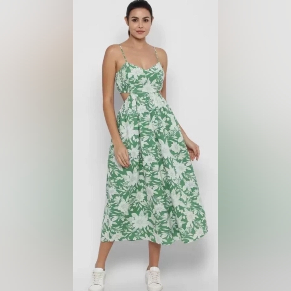 American Eagle Outfitters Palm Design Green Cut-Out Back Maxi Dress Size XS/S